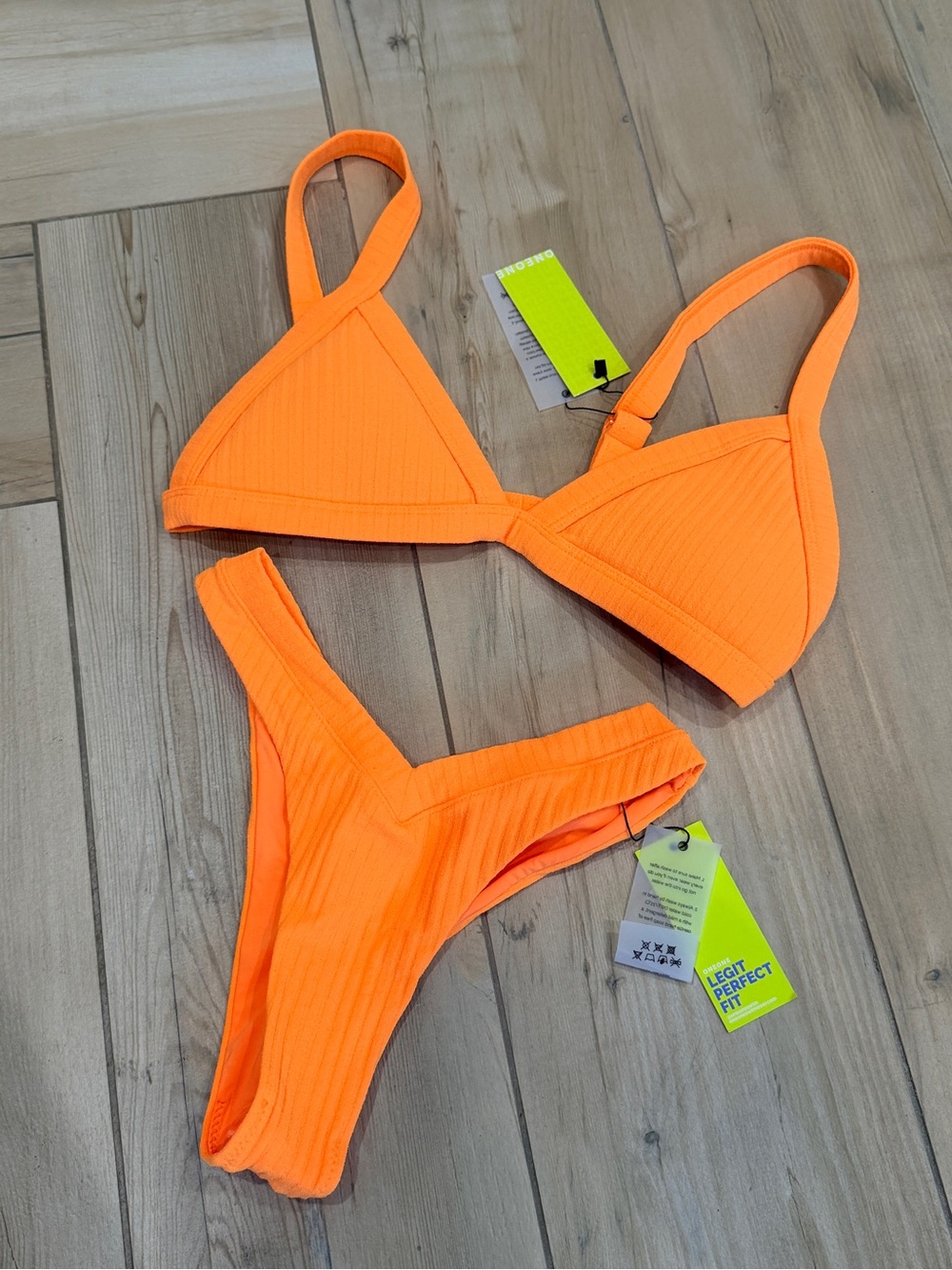 Neon Orange Ribbed Triangle Bikini Set - Women - Picture 2 of 2